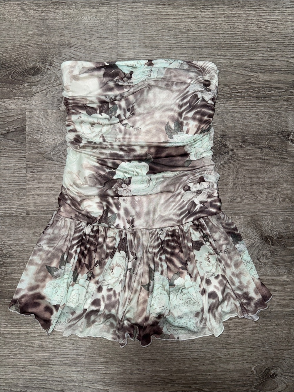 Strapless Floral Mini Dress in Mint and Brown with shorts